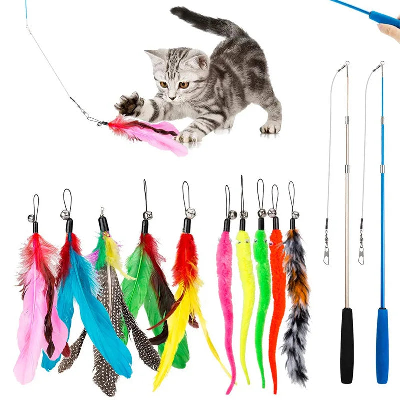 Cross-border new pet cat toy set colorfulfulful feather fishing rod caterpillar bell replaceable head funny cat stick