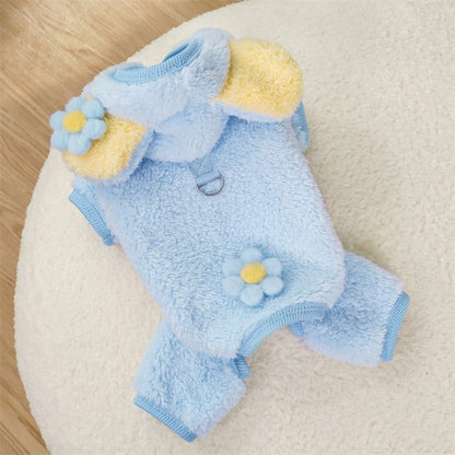 Soft Flannel Pet Dog Clothes Light Blue Solid Flower Winter Overalls for Cats New Year Cosplay Chihuahua Coat Kitten Sweatshirts