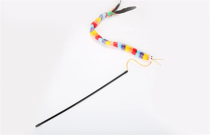 Rainbow Caterpillar Teaser Cat Stick Feather Top Durable Bite Resistant Pet Cat Toy Interactive Lightweight Handle Kitten Tools