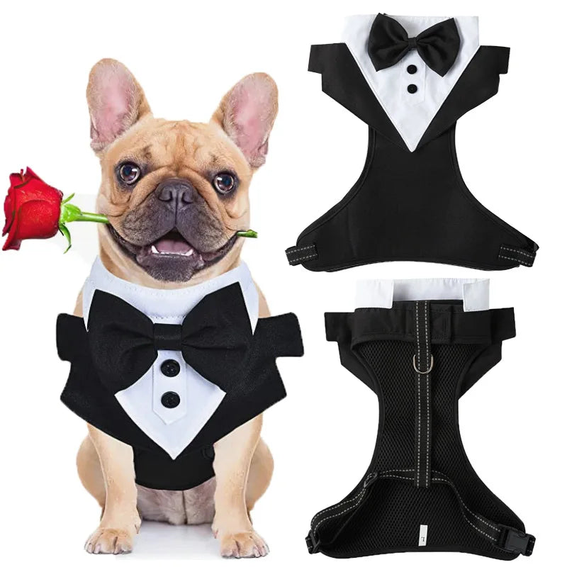 Dog Tuxedo Harness Breathable Engagement Birthday Valentines Costume Adjustable Bow Tie Pet Vest Harness for Small Medium Dogs
