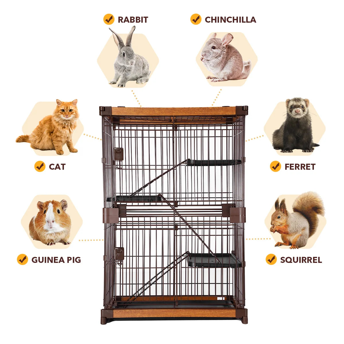 Pet Scene Large 3-Tier Pet Enclosure with WPC Frame and Iron Wire Button Closure Rabbit Hutch Cat Cage Ferret Kennel for Pets