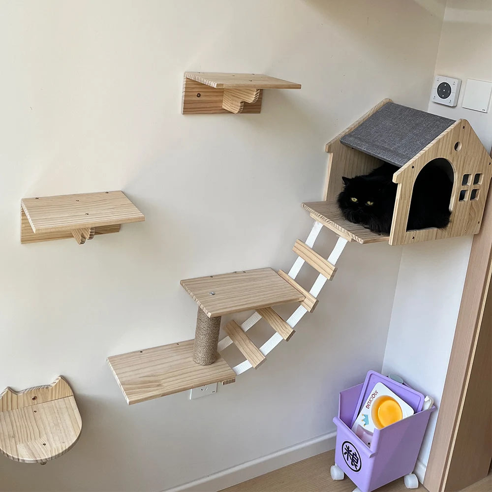 Wall Mounted Cat Climbing Shelves Cat House Cat Bridge Cat Double Platform with Scratching Post and Pedals Stairway for Kittens