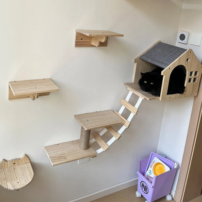 Wall Mounted Cat Climbing Shelves Cat House Cat Bridge Cat Double Platform with Scratching Post and Pedals Stairway for Kittens