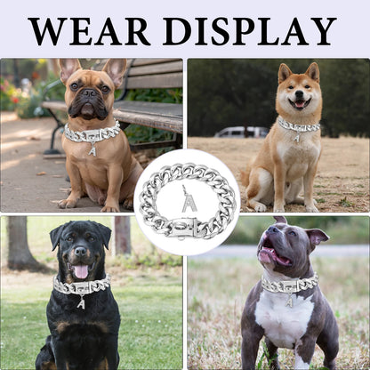 Gold Dog Chain Collar with Pendant A 15/19mm Wide Cuban Link Strong Stainless Steel Chew Proof Collar for Small Medium Large Dog