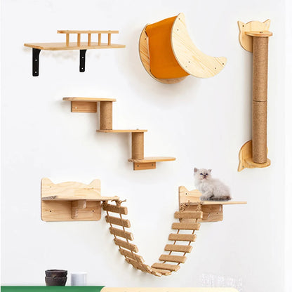 Cat Tower Tree Wall Mounted Wooden Climbing Shelf for Cat Bed and Scratcher Post,  Ladder, Widen Steps for Kitten Play & Rest