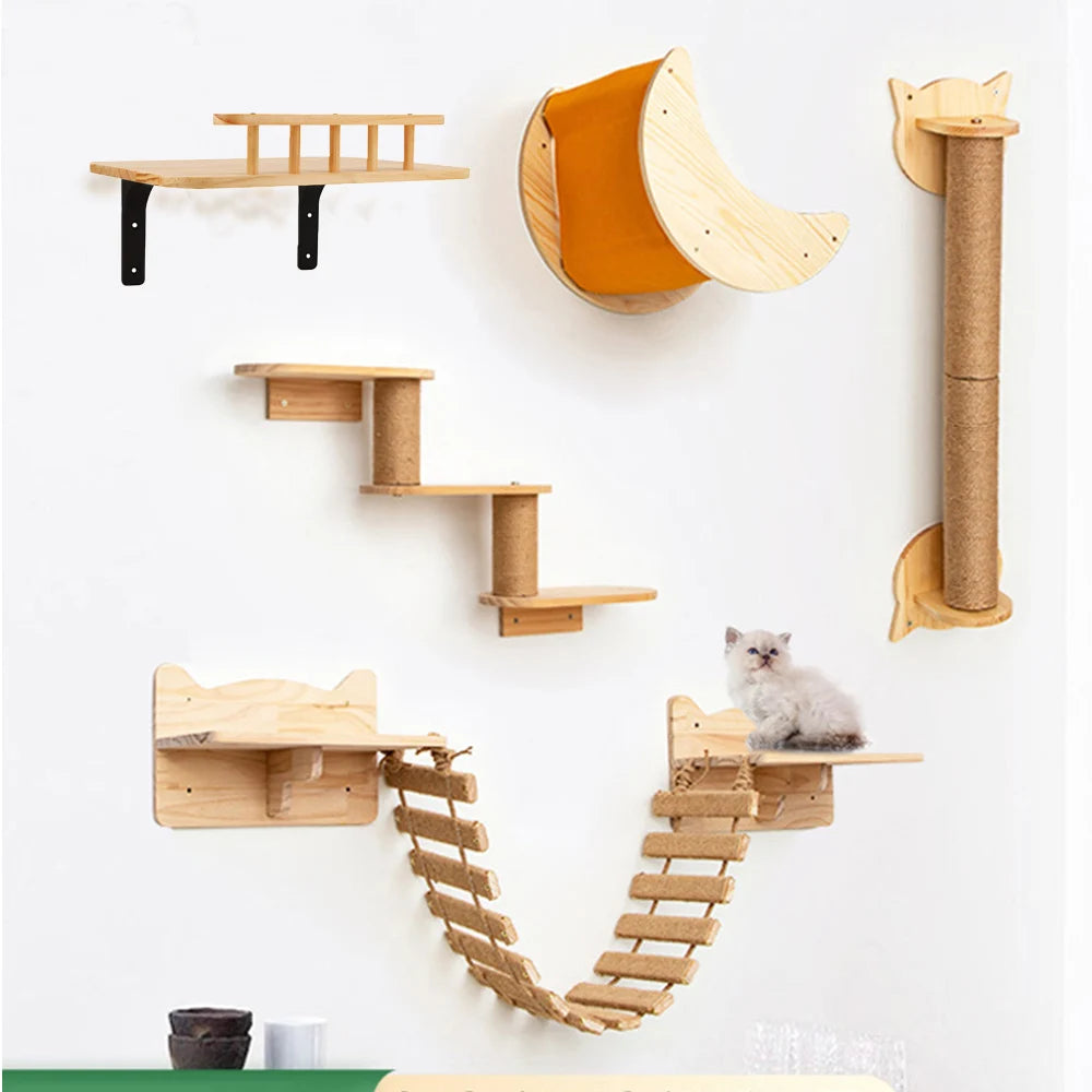 Cat Tower Tree Wall Mounted Wooden Climbing Shelf for Cat Bed and Scratcher Post,  Ladder, Widen Steps for Kitten Play & Rest