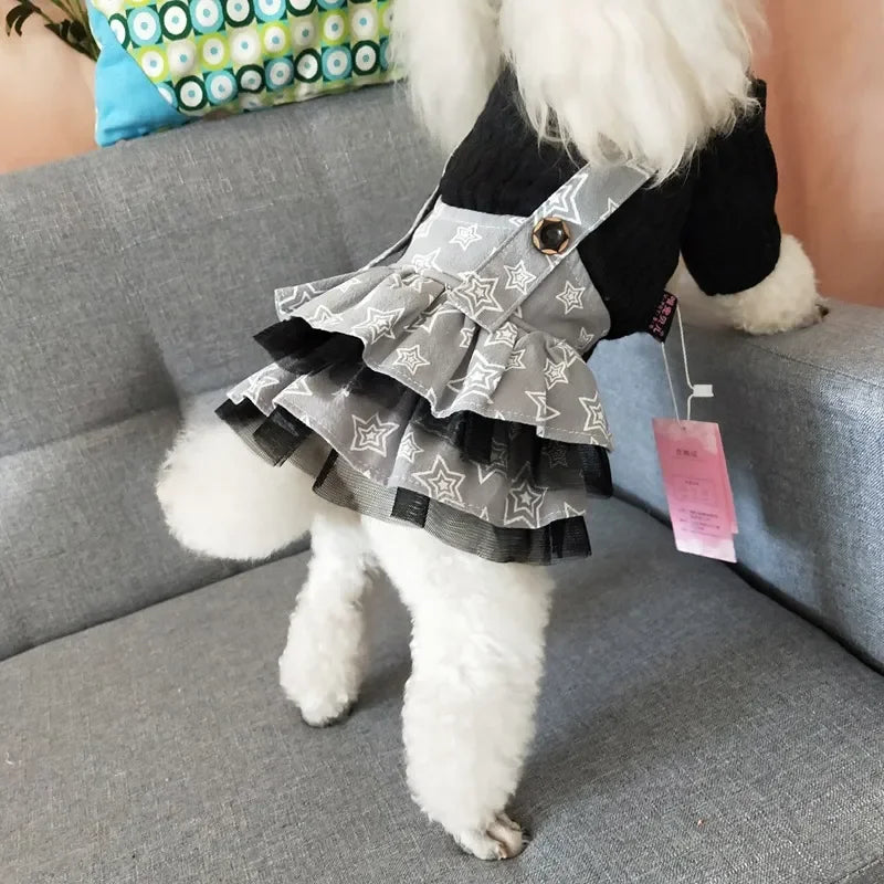 Dogs Denim Suspender Skirt Striped T-Shirt Cats Cute Fashion Cartoon Puppy Strapped Dress Suit Birthday Garden Walking Clothes
