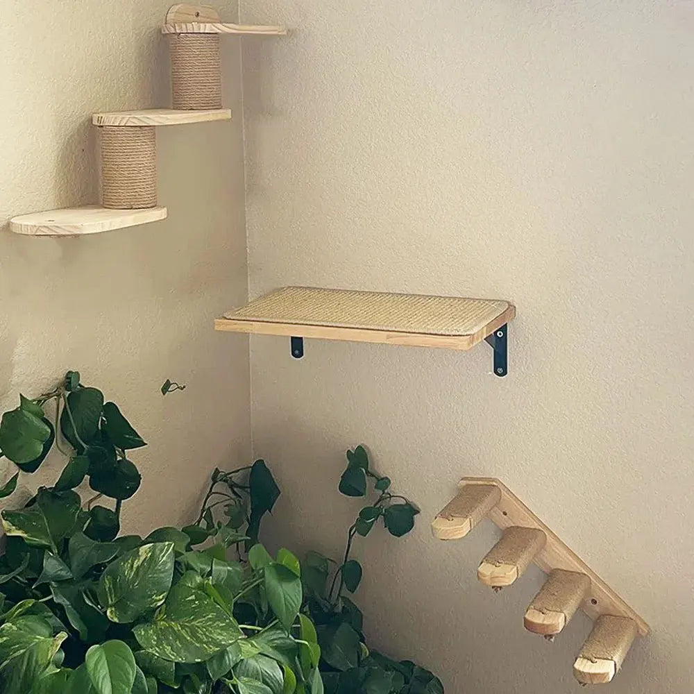 Cat Tree Wall Mounted Climbing Shelves Wooden Hammock with Ladder and Cat Bridge for Cat Perch Sleeping Pet Indoor Playground