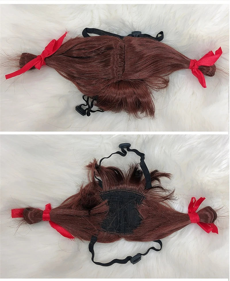 Long Hair Cosplay Hat for Cat Golden Brown Braid Pet Dog Accessories Costume Adjustable Headgear Curly Punk Small Puppy Caps