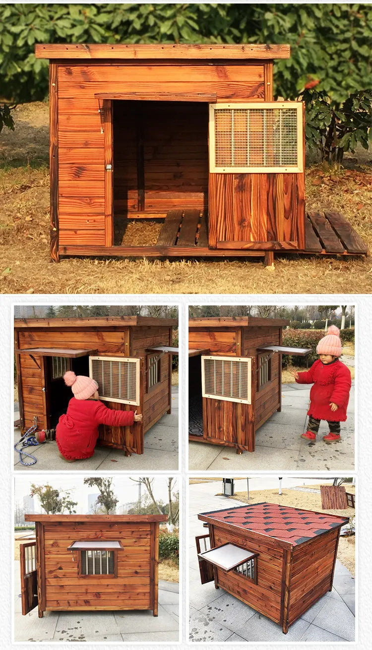 Large new solid wood kennel outdoor waterproof dog house with mat and cold-proof pet dog cage carbonized golden retriever woo