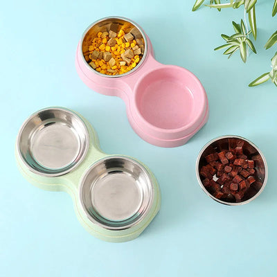 Pet Stainless Steel Bowls Double Puppy Dog Food and Water Bowls Set Cat Bowls Pet Feeder Dishes Dual Bowls for Small Dogs Cats