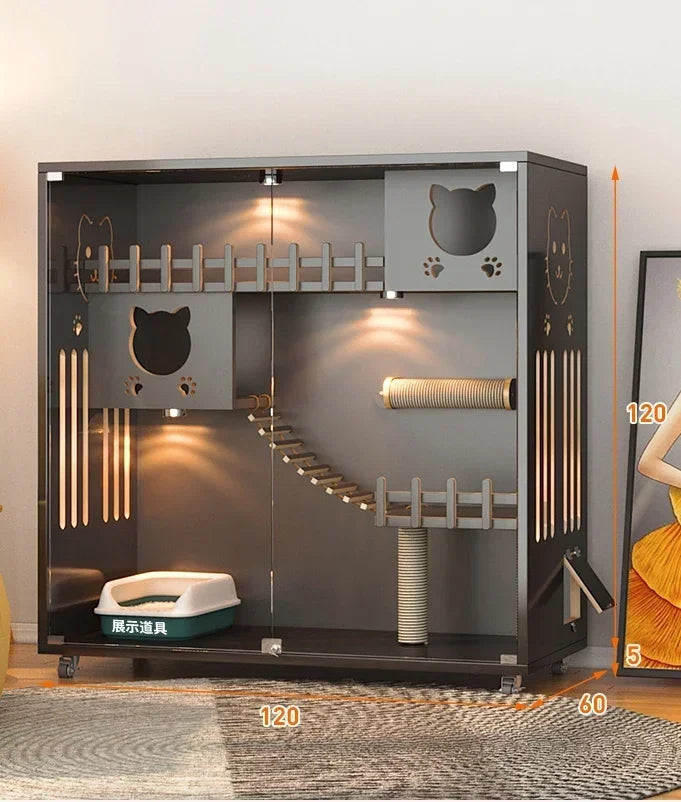 Retro Solid Wood Cat Cage for Living Room Cat House Two-layer One-piece Movable Light Luxury Creative  Cage for Cats