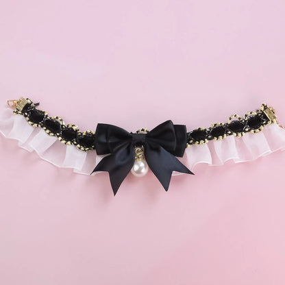 Romantic Summer Dog Collar Bow Tie Pearl Lace Party Cat Necklace for Small Puppy Luxury Designer Chihuahua Pet Neck Accessories