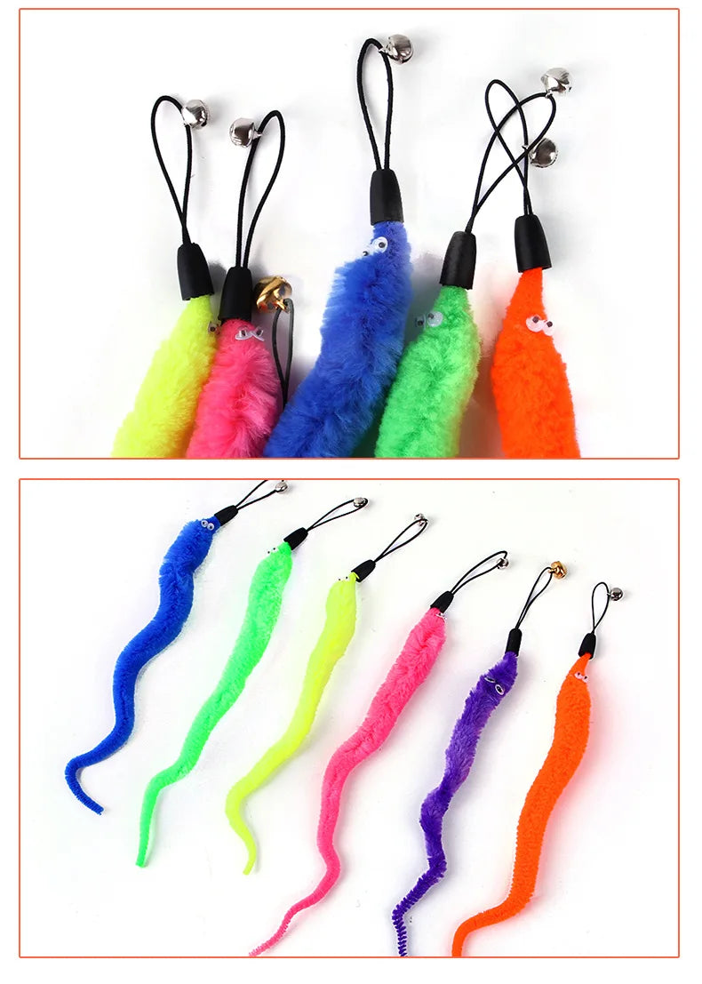 Funny Cat Stick Toy Furry Feather with Bell Cat Stick Toy Kitten Playing Pet Accessories Worm on A String Cat Toys Interactive