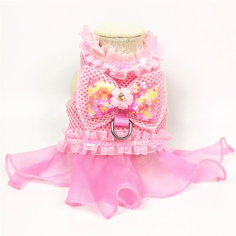 Dog Bow Dress Harness Leash Set for Small Medium Dogs Breathable Mesh Pet Tulle Skirt with Sequins Luxury Design Dog Clothes