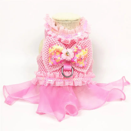 Dog Bow Dress Harness Leash Set for Small Medium Dogs Breathable Mesh Pet Tulle Skirt with Sequins Luxury Design Dog Clothes