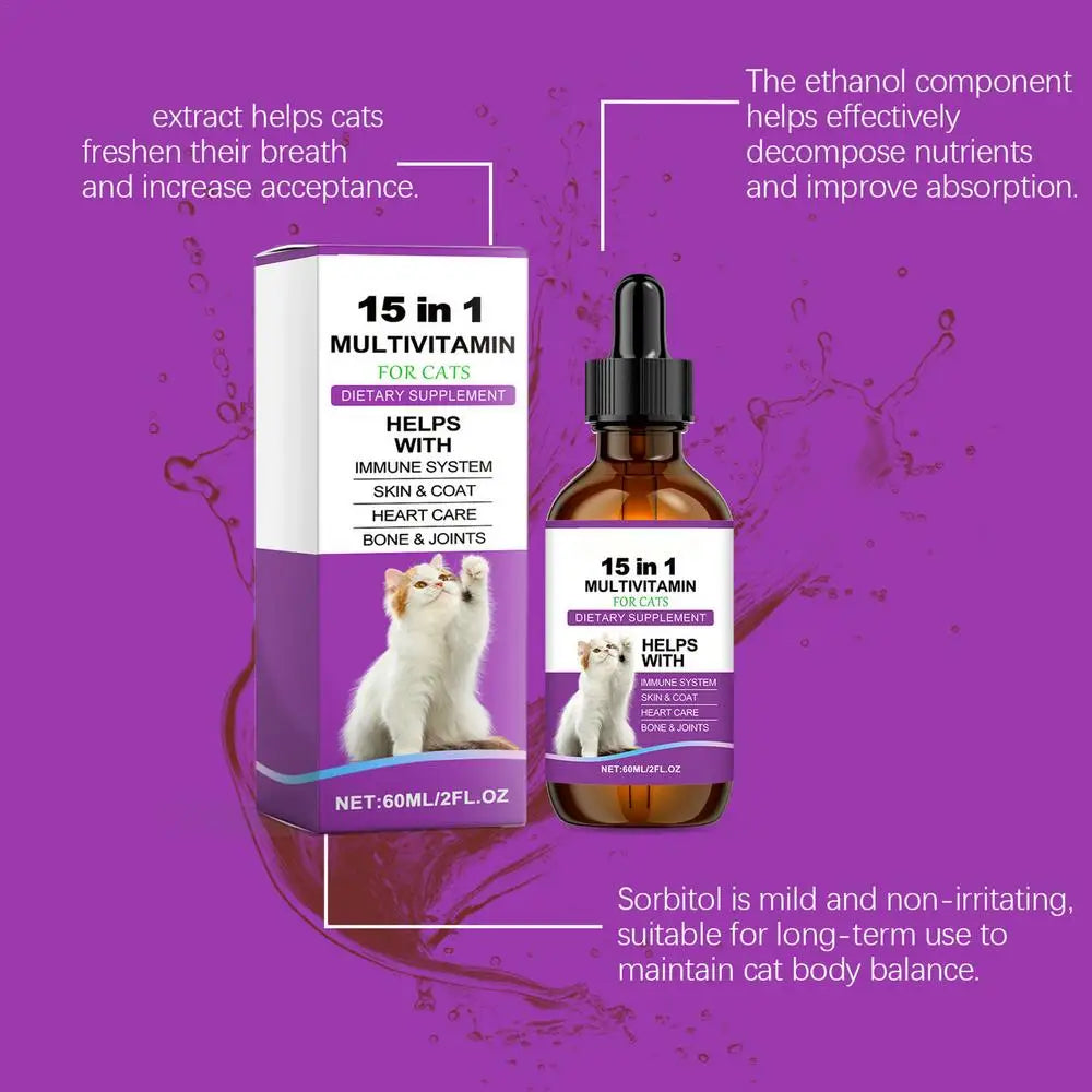 Cat Supplement All-in-1 Multi Liquid Body Care Drops Daily Supplement 60ml Body Care Drops For Supports Joint Care Skin & Coat