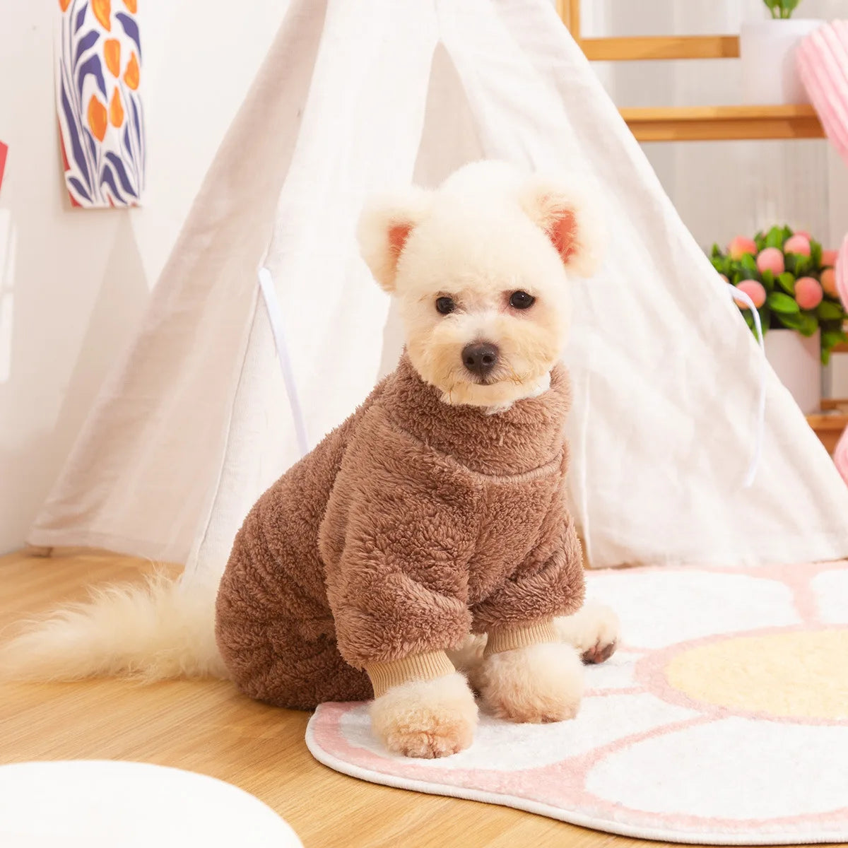 Dog Fuzzy Fleece Pajamas, Dog Winter Clothes for Small Dogs, Thick Warm Turtleneck Dog Sweater Plush Pet Jumpsuit, Doggy Apparel