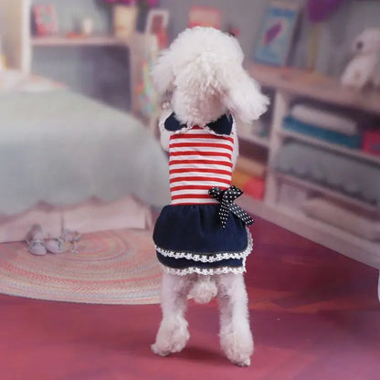 Puppy Dog Pet Stripe Costume Princess Dress Lace Pleated Lapel Stripe Bownot Princess Dress Denim Skirt XS-L Pet Supplies