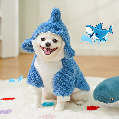Funny Dog Shark Costume Cute Autumn Winter Pet Clothes Halloween Holiday Coat Cosplay Dress Warm Fleece Hoodie for Small Dogs