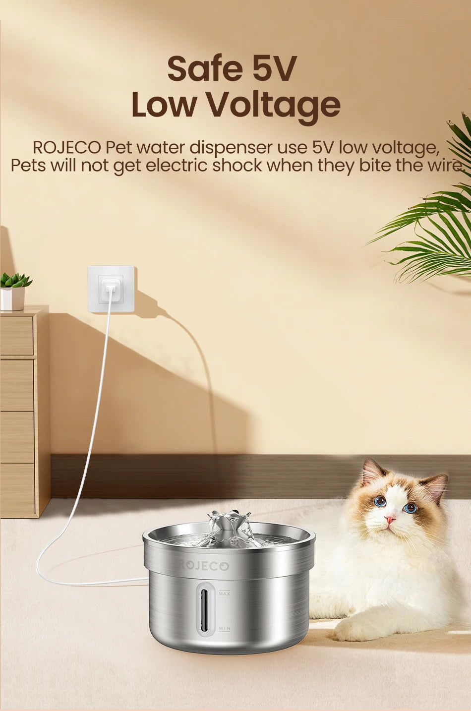 ROJECO Stainless Steel Pet Drinking Fountain Automatic Cat Water Fountain Smart Pet Water Dispenser for Dog Cat Drinking Supply