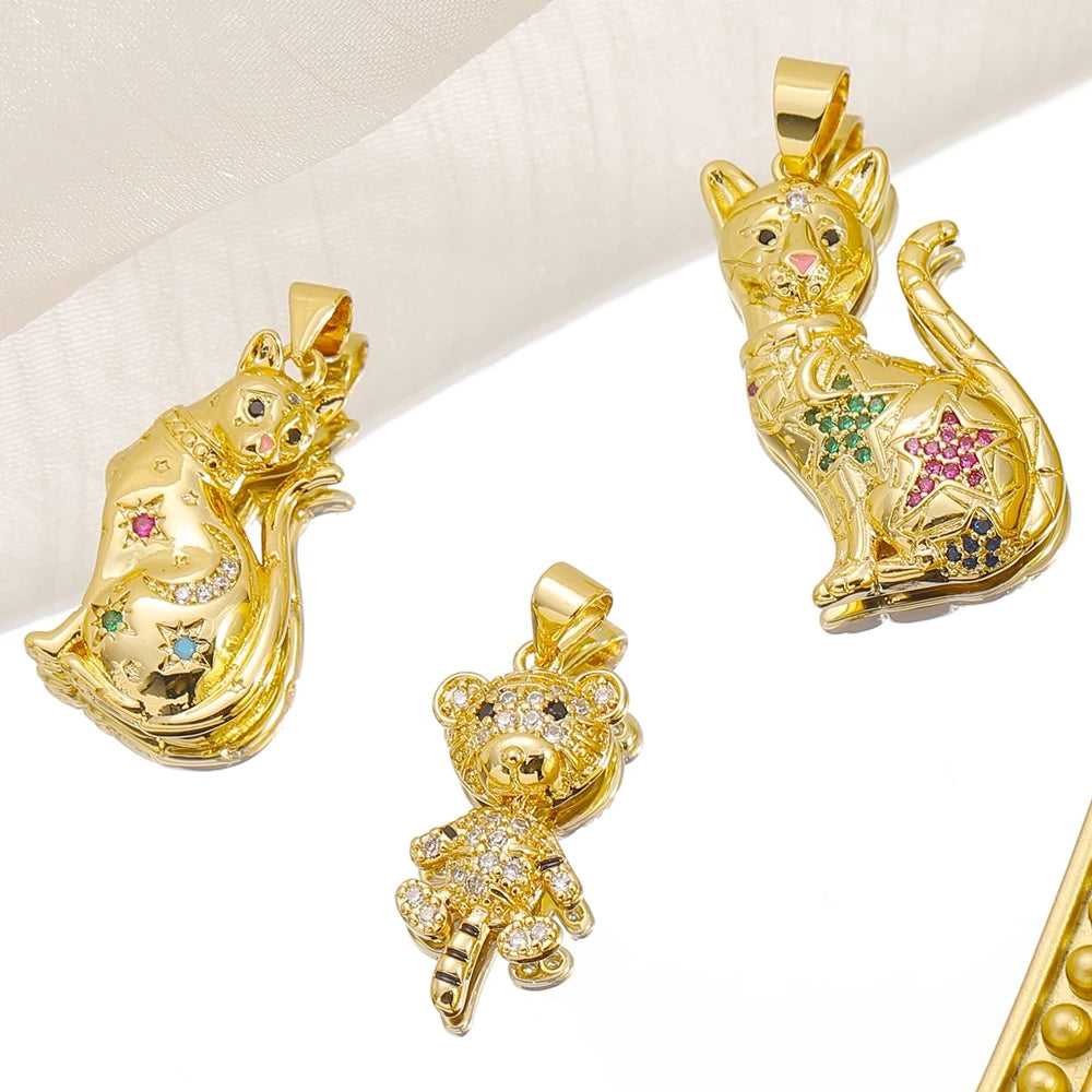 Juya 18K Real Gold Plated Cubic Zircon Bear Lion Bird Tiger Panther Head Leopard Charms For DIY Pendant Necklace Bracelet Making