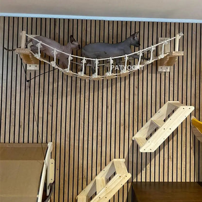 Wall Mounted Cat Climbing Wood Shelves Furniture Cat Bridge and Cat Hammock or Platform with Pedals for Kitten Perch and Rest
