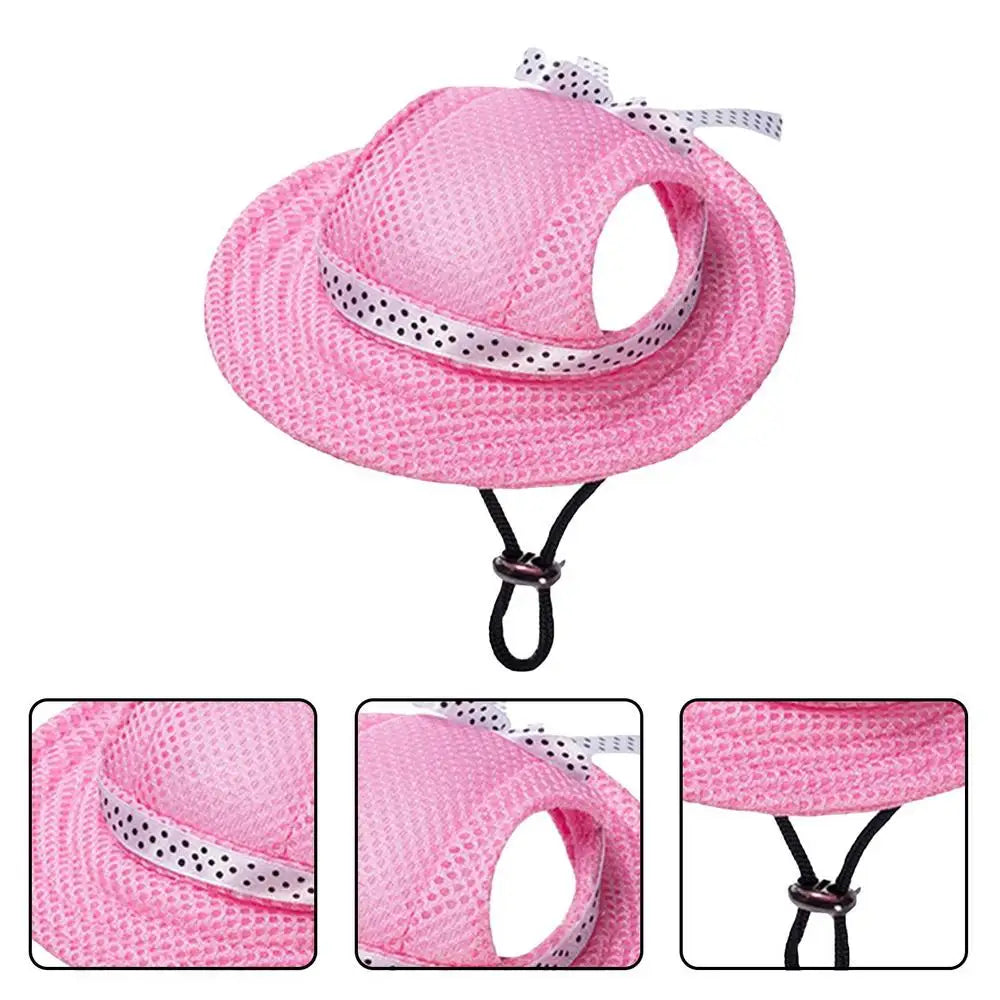 Breathable Dogs Sun Hats Round Brim Dog Visor Hat Outdoor Breathable Sun Protection With Ear Holes Mesh Sun With Adjustable Chin