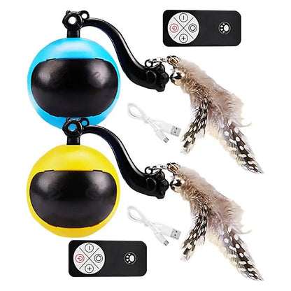 Smart Ball Cat Toy Cat Power Ball with Feather Tails Moving Cat Toy with LED Light and Sound Kitten Exercise Hunting Toys