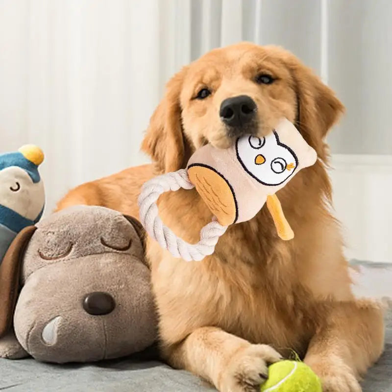 Dog Squeak Toys Owl Design Stuffed Dog Toys Durable Rope Plush Chew Fetch Brain Stimulating Toy Squeaky Pet Interactive Toy