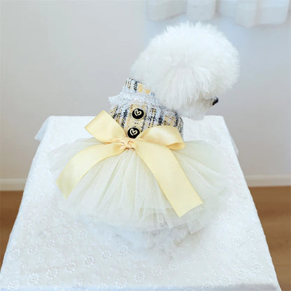 Yellow Ribbon Dresses for Dogs Sweet Dream Princess Autumn Pet Skirt French Bulldog Overalls Lattice Yellow Warm Cat Clothing
