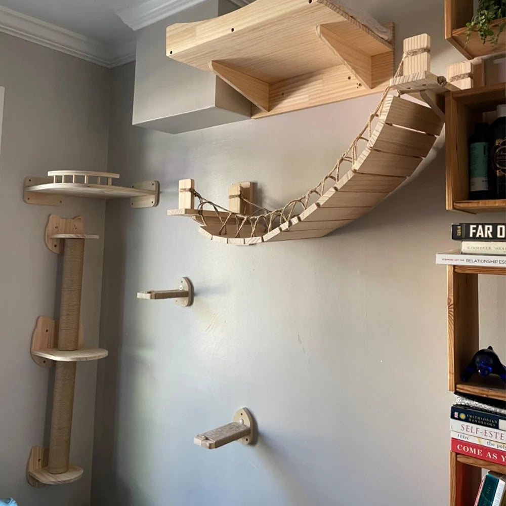 Cat Climbing Shelves Wall Mounted Cat Bridge And Cat House Wooden Pet Shelves Tree Tower For Sleeping Climbing Cat Perch Tree