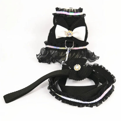 Dog Bow Dress Harness Leash Set for Small Medium Dogs Breathable Mesh Pet Tulle Skirt with Sequins Luxury Design Dog Clothes