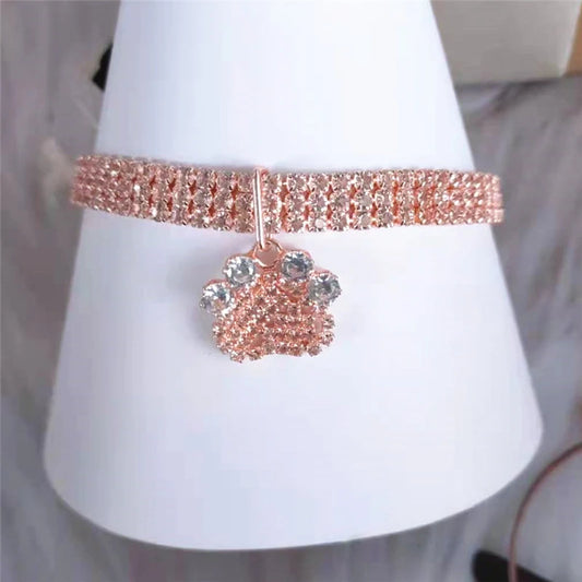 Fancy Summer Pet Dog Collars Alloy Rose Gold Zircon Footprint Pendant Necklace for Cats Luxury Designer Pet Neck Accessories