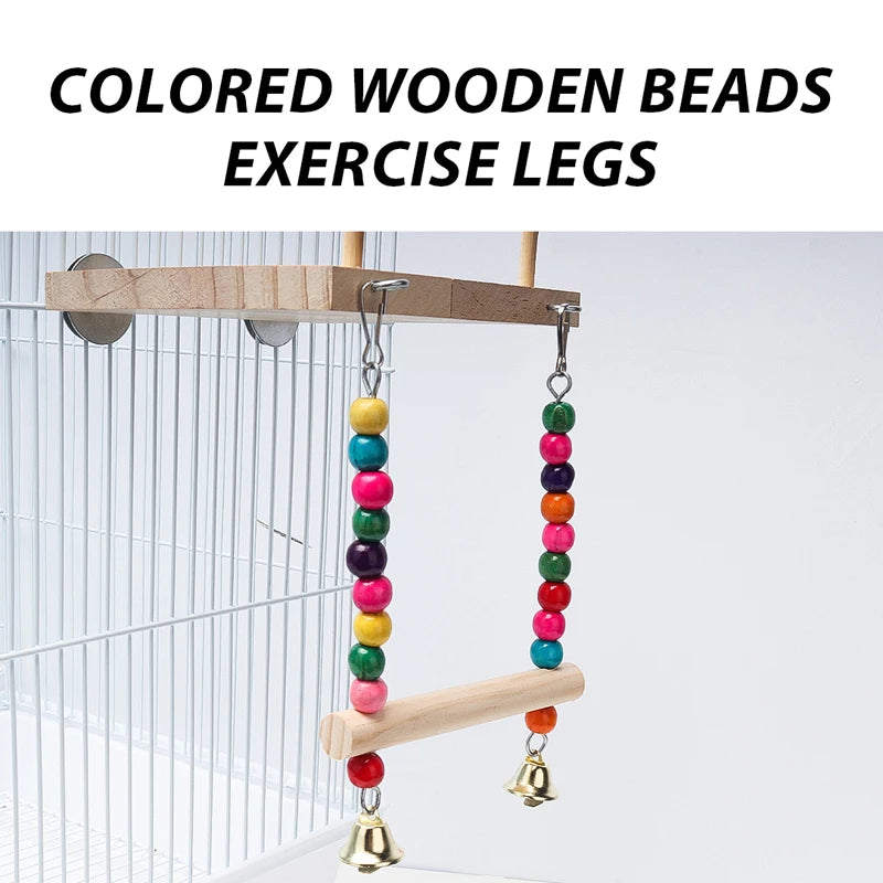 CAWAII KENNEL Pet Bird Swing Toy Wooden Parrot Perch Stand Playstand with Chewing Beads Cage Playground for Budgie Birds