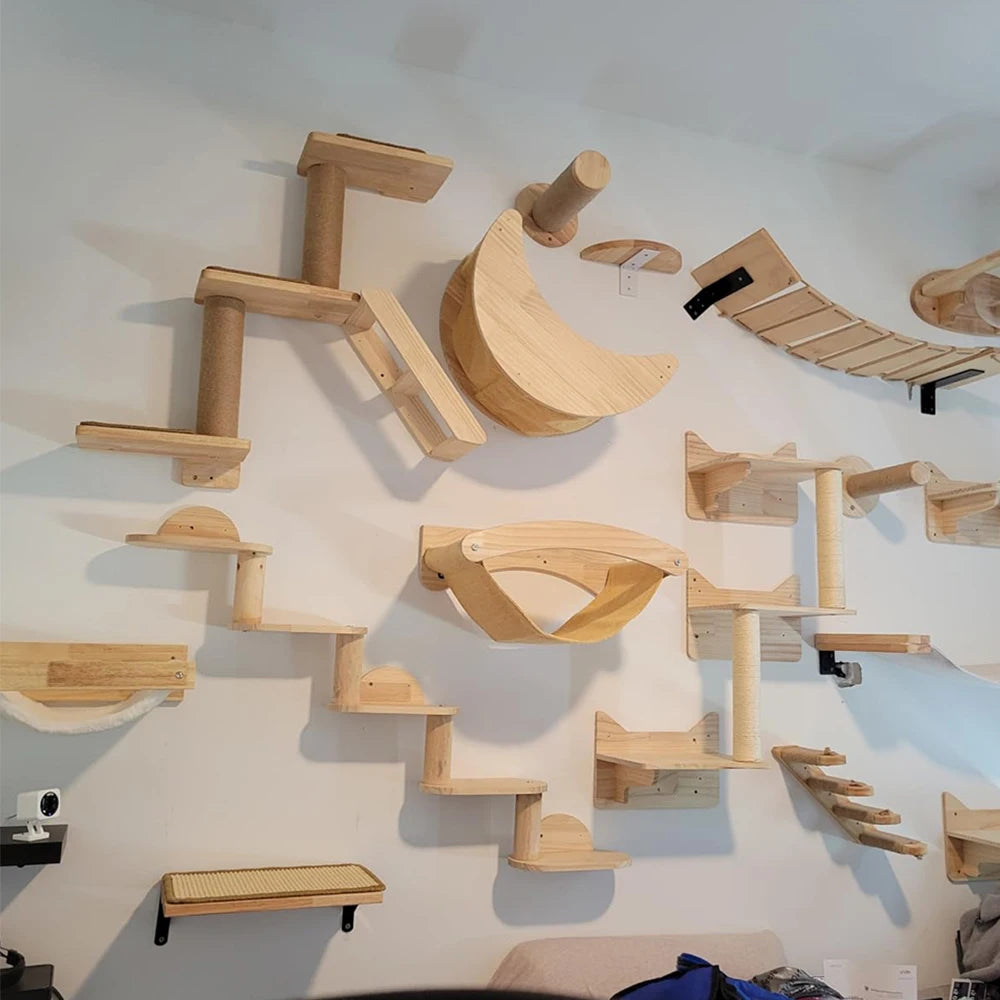 Cat Tower Cat Climbing Shelves Perch For Cat Hammock Wooden Bridge Four-step Ladders Sisal Steps & Post For Cat Play & Climb