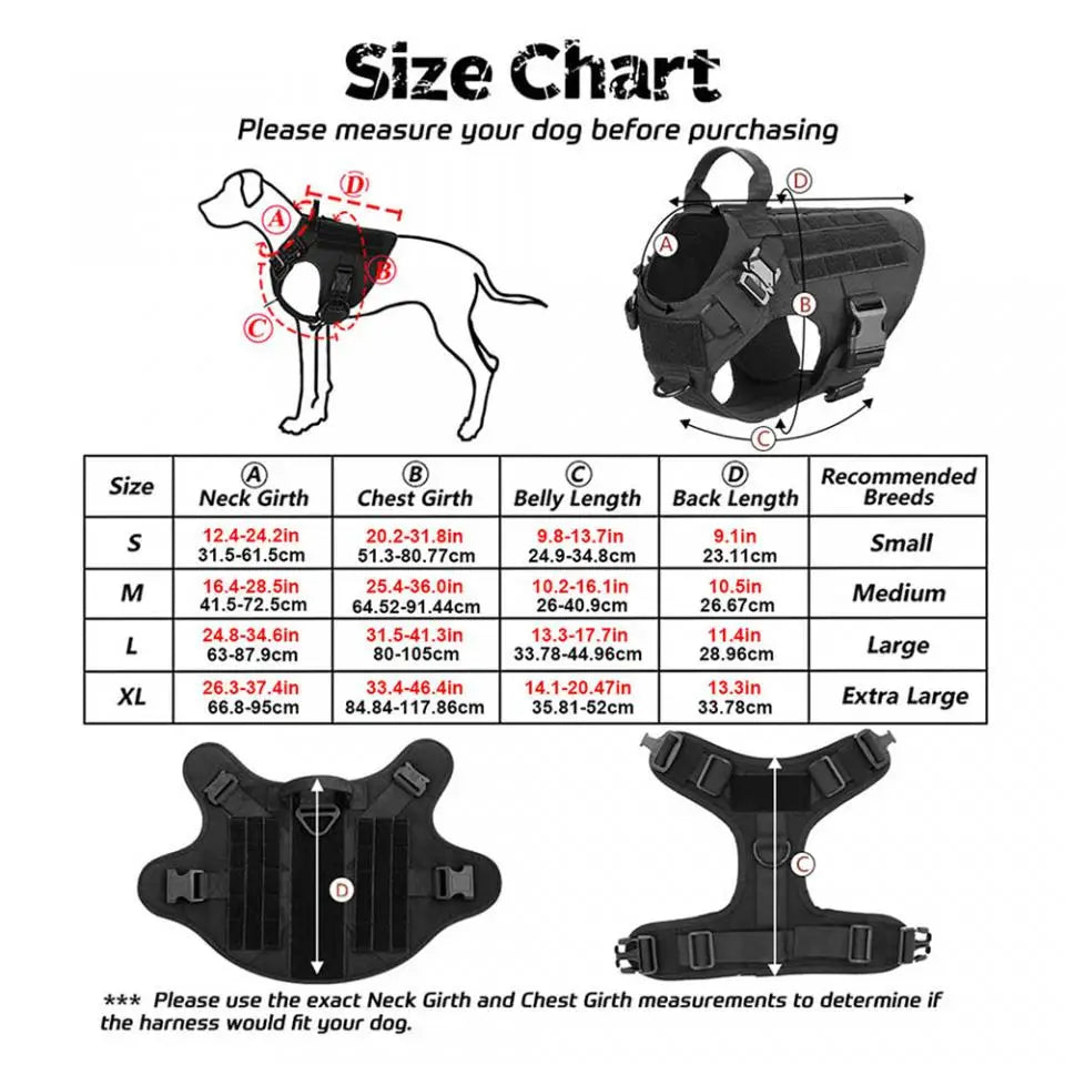 Large Dog Harness Collar Leash Molle Pouch Tactical Patches No-Pull Service Dog Harness Set for Small Medium Dog Training