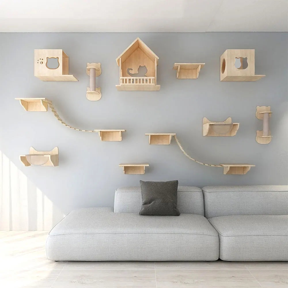 Wall Mounted Cat Shelves Wood Cat Lookout Climbing Shelf Kitten Wall Climbing Tree Furniture Four Step Stair Indoor Cat Hammock