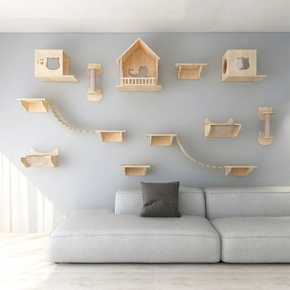 Wall Mounted Cat Shelves Wood Cat Lookout Climbing Shelf Kitten Wall Climbing Tree Furniture Four Step Stair Indoor Cat Hammock