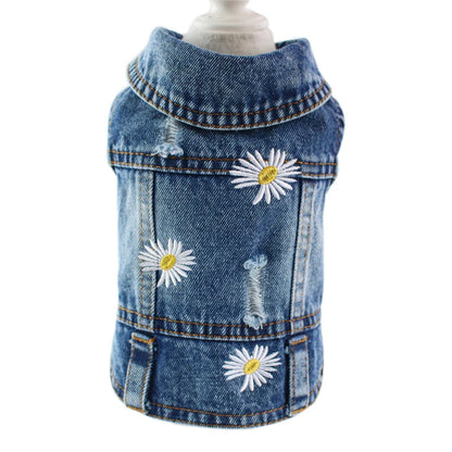 Daisy Embroidery Luxury Dog Clothes for Small Medium Dogs Vintage Washed Dog Jeans Jacket Pet Sleeveless Vest Denim Coat Outfits