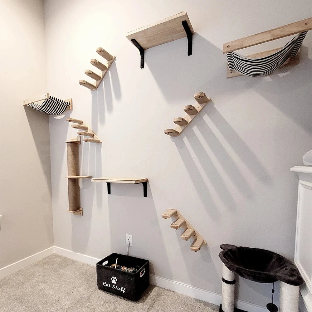 Wall Mounted Climbing Shelf Cat Tree 4 Steps Stairway with Cat Hammock Scratching Post for Sleeping Playing and Grinding Claw