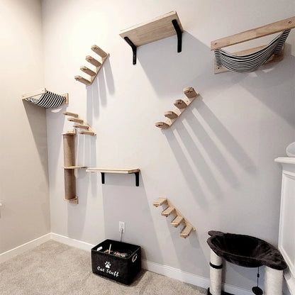 Wall Mounted Climbing Shelf Cat Tree 4 Steps Stairway with Cat Hammock Scratching Post for Sleeping Playing and Grinding Claw