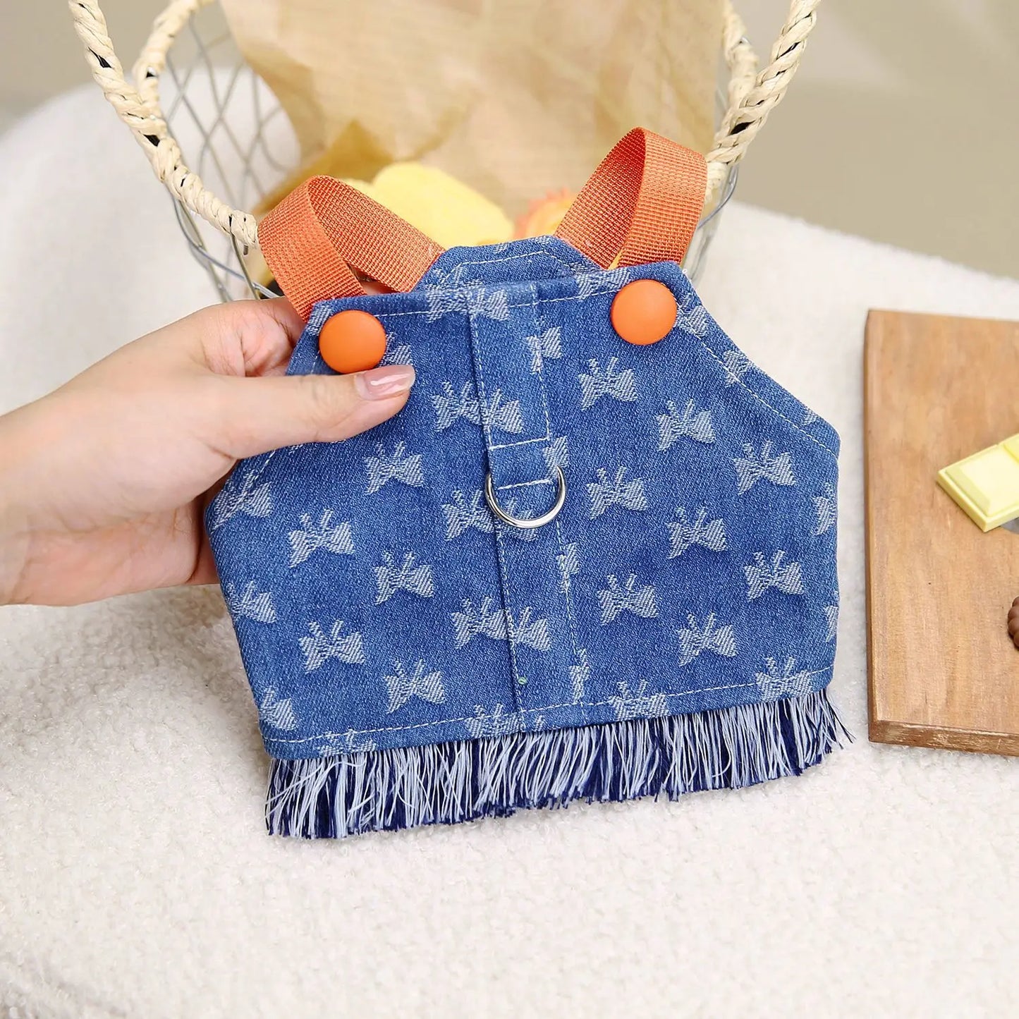 New Dog Harness and Leash Set for Small Dogs, Dark Wash Denim Puppy Dog Vest Harness Tassels Pet Jeans Butterfly Harness