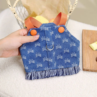 New Dog Harness and Leash Set for Small Dogs, Dark Wash Denim Puppy Dog Vest Harness Tassels Pet Jeans Butterfly Harness