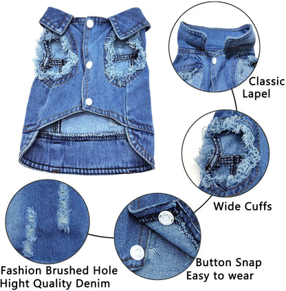 Spring Autumn Apparel Dog Jeans Jacket for Small Medium Dogs Cool Blue Pet Denim Hooded Coat Puppy Clothes Outfits