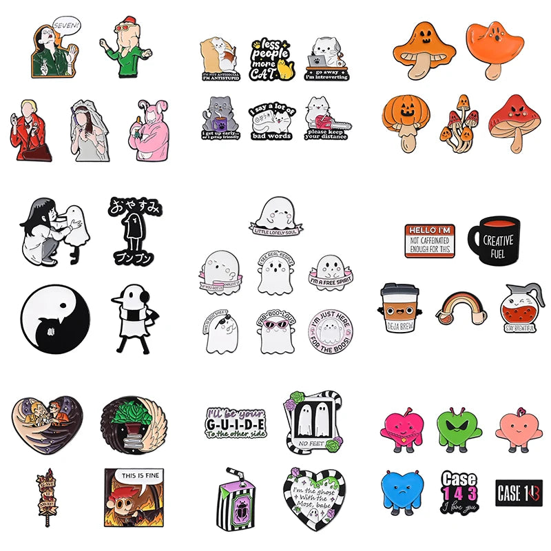 Funny Animal Sets Enamel Pins Cartoon Anime Figure Ghost Spooky Cute Cat Bird Brooches Backpack Lapel Badge Punk Jewelry Gifts