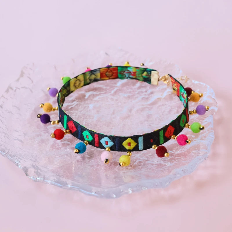 Personalized Pet Collar Colorized Polyester Kitten Necklace Lace Retro Ethnic Dog Accessories Bead Adjustable Puppy Products