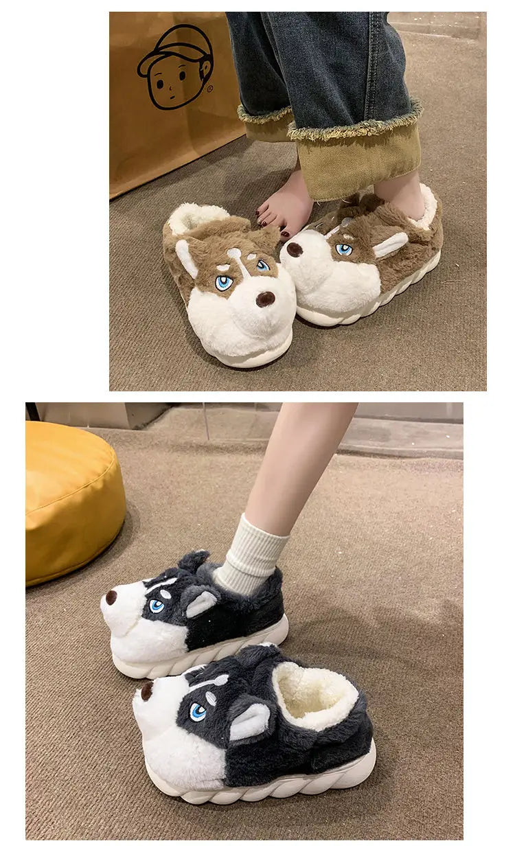 Winter Home Couple Shoes Women's Fluffy Dog Slippers Girl Animal Fur Slides Kawaii Funny Furry Shoes Woman Plush Booties Slipper