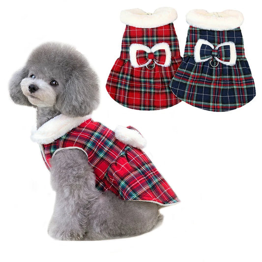 Christmas Plaid Clothes Thermal Fleece Lined Dog Winter Dress Coat with Luxury Faux Fur Collar for Small Dogs Puppy York Beagle