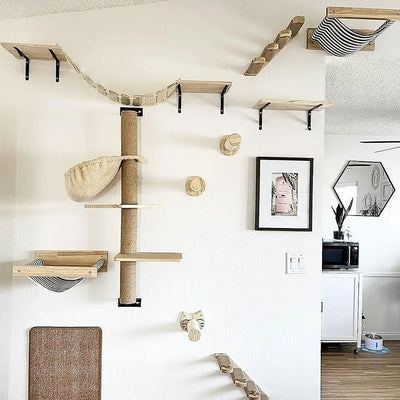 Cat Tree Wall Mounted Cat Climbing Shelves Cat Hammock and Cat Bridge with Ladder or Scratching Post for Cats Playing and Perch